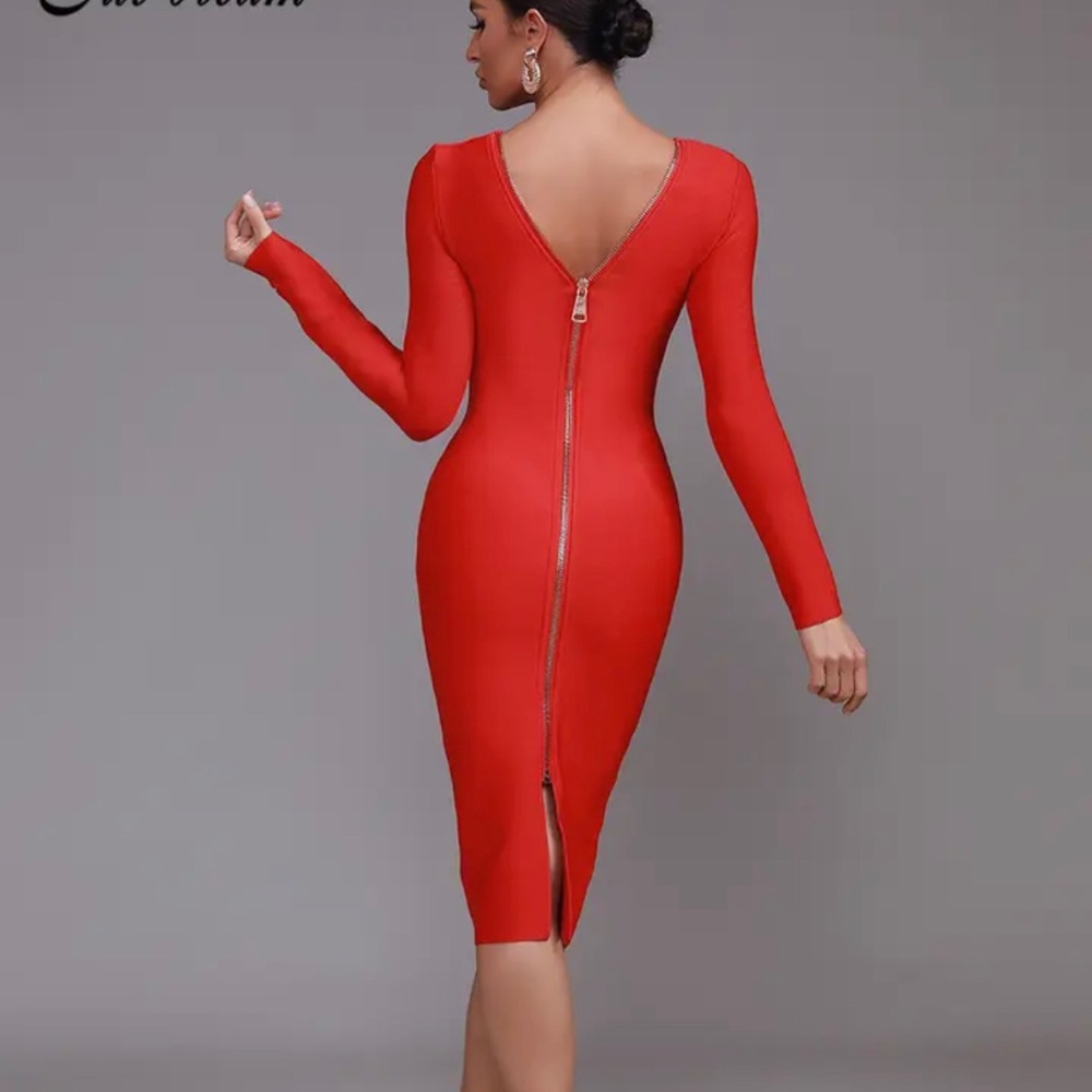 Red Bandage Dress Long Sleeve